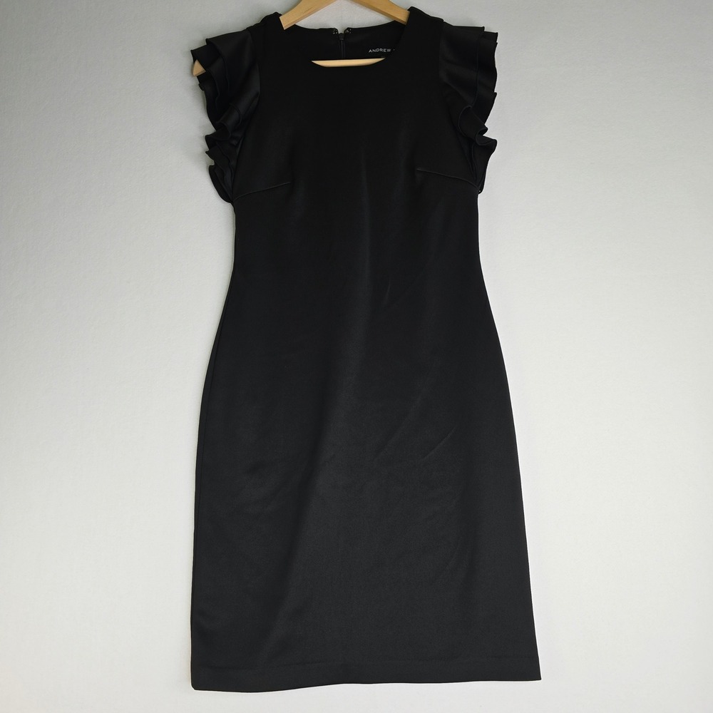 Andrew Marc Black Ruffle Cap Sleeve Sheath Dress Size 4 Crew Neck Knee Length